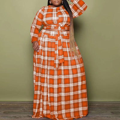 Plaid Pattern Long Sleeve Plus Size Crop Top & Skirt Set