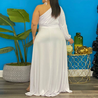 Solid One Shoulder Long Sleeve Irregular Plus Size Dress