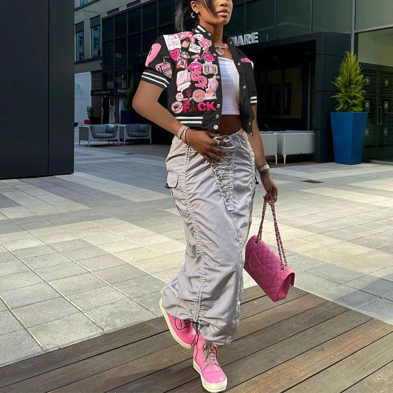 Graphic Print Short Sleeve Baseball Coat