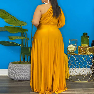 Solid One Shoulder Long Sleeve Irregular Plus Size Dress