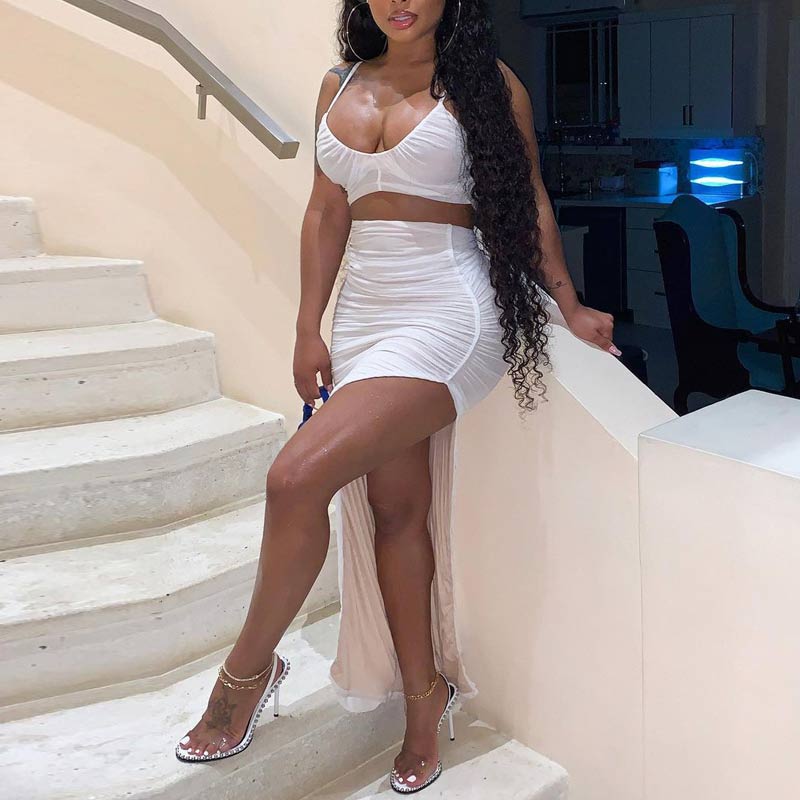 Solid Sleeveless Ruched High Split Skirt Set