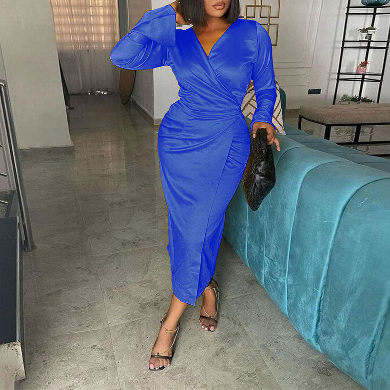 Solid V-Neck Long Sleeve Belted Maxi Dress