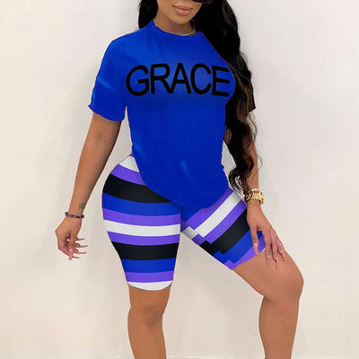 Letter Print Short Sleeve Striped Two Piece Shorts Set