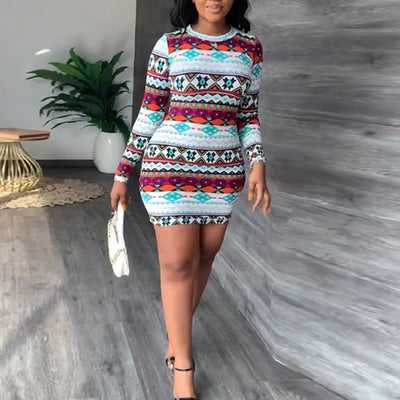 Print Long Sleeve Bodycon Dress