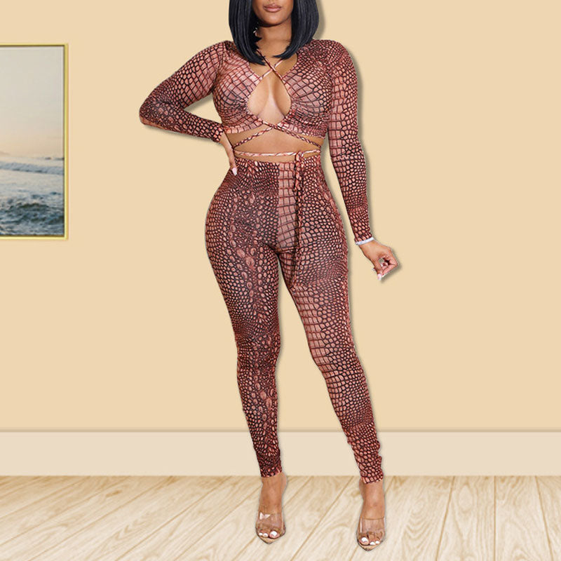 Print Long Sleeve Bandage Crop Top & Pants Set