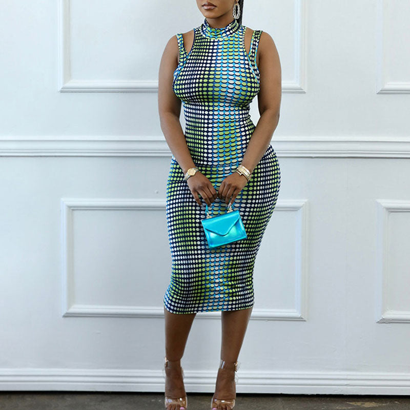 Print Sleeveless Cut Out Midi Dress