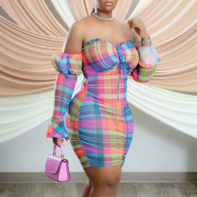 Plaid Pattern Off Shoulder Flared Sleeve  Mini Dress