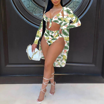 Floral Print Bikini & Cover Up 3 PCS Se