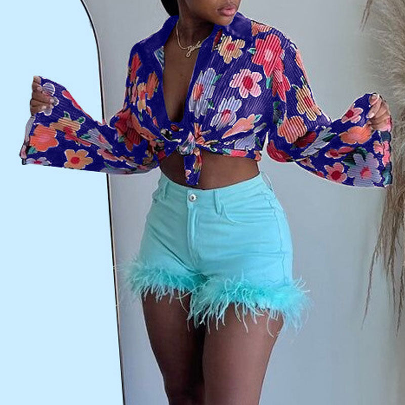 Floral Print Flard Sleeve 2PCS Blouse Set