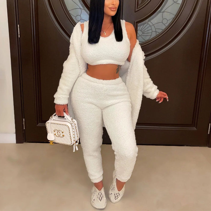 Solid Fuzzy 3PCS Pants Set