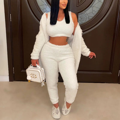 Solid Fuzzy 3PCS Pants Set