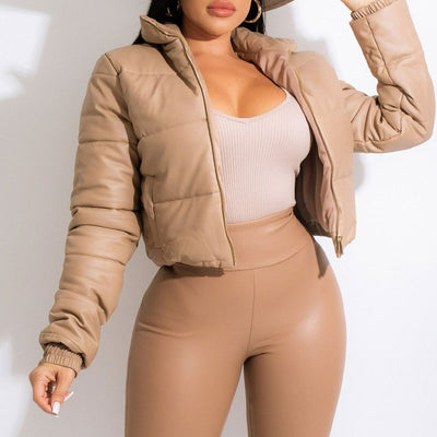 Solid Long Sleeve PU Leather Cotton Coat