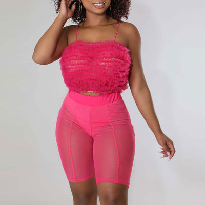 Solid Ruffles Spaghetti Strap Tube Top & Sheer Mesh Shorts Set