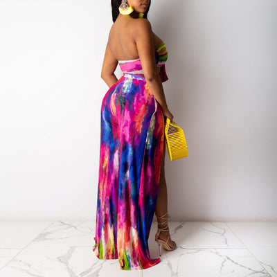 Tie Dye Top & Split Pants Two Pieces Set