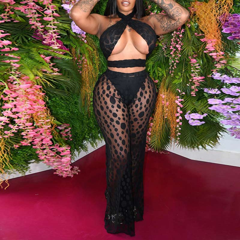 Print Sleeveless Halter Sheer Mesh Two Piece Pants Set