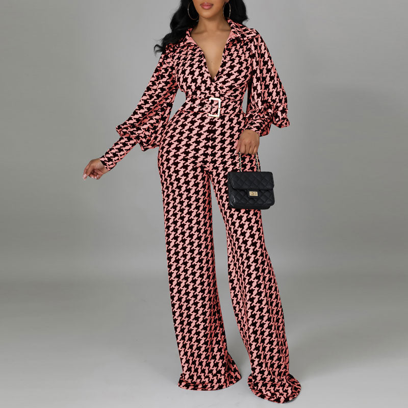 Houndstood Print Lantern Sleeve Belted Jumpsuit