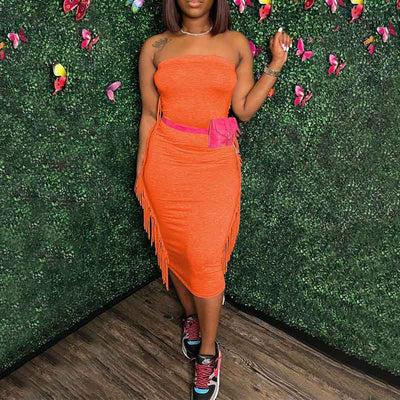 Solid Off Shoulder Tassel Design Midi Dress