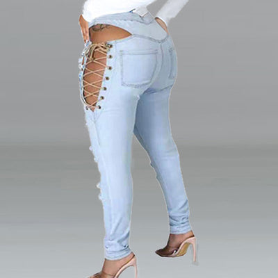 Solid High Waist Lace Up Ripped Jeans