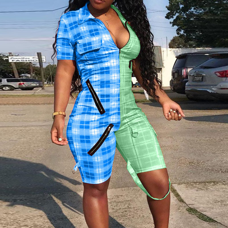 Plaid Zipper Design Short Sleeve Romper