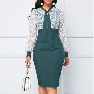 Colorblock Long Sleeve Lace Patchwork Tied Bodycon Dress