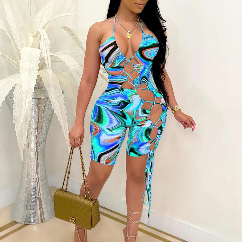 Colorblock Sleeveless Halter Lace Up Romper