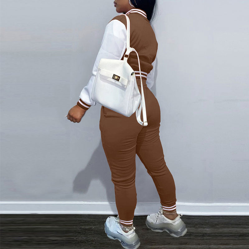 Colorblock Long Sleeve Button Detailed Baseball Coat & Pants Set