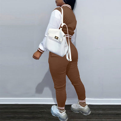 Colorblock Long Sleeve Button Detailed Baseball Coat & Pants Set