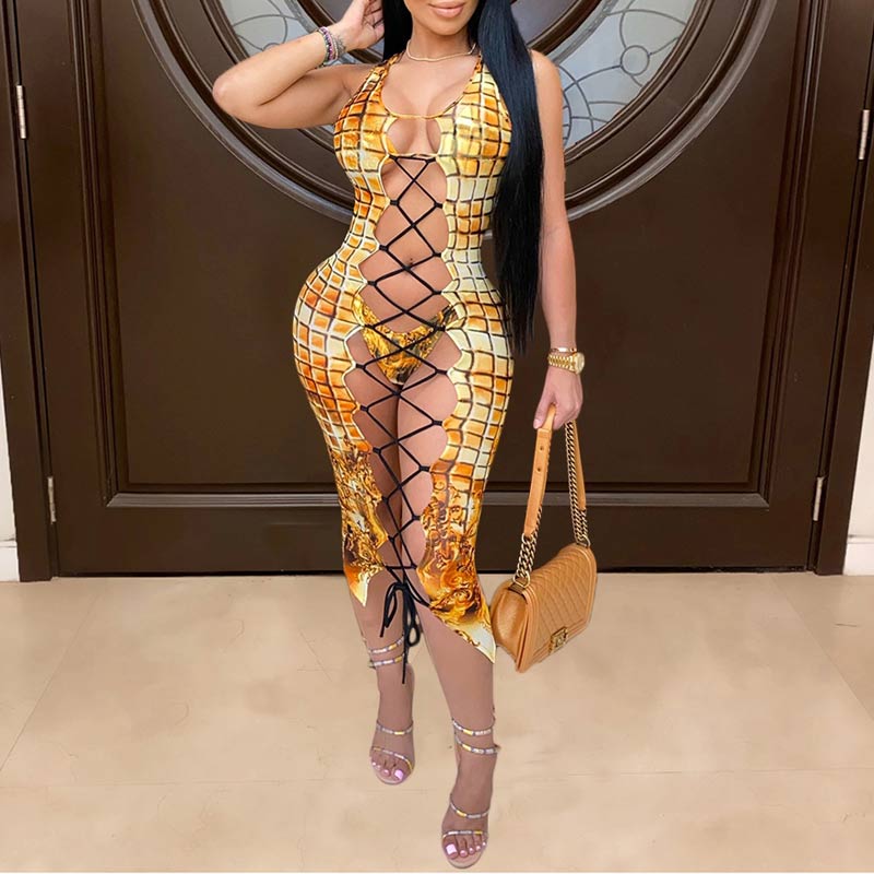Plaid Pattern Sleeveless Lace Up Three Piece Swimsuit Set