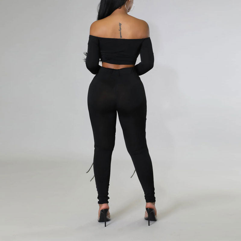 Solid Off Shoulder Long Sleeve Crop Top & Hollow Out Pants Set