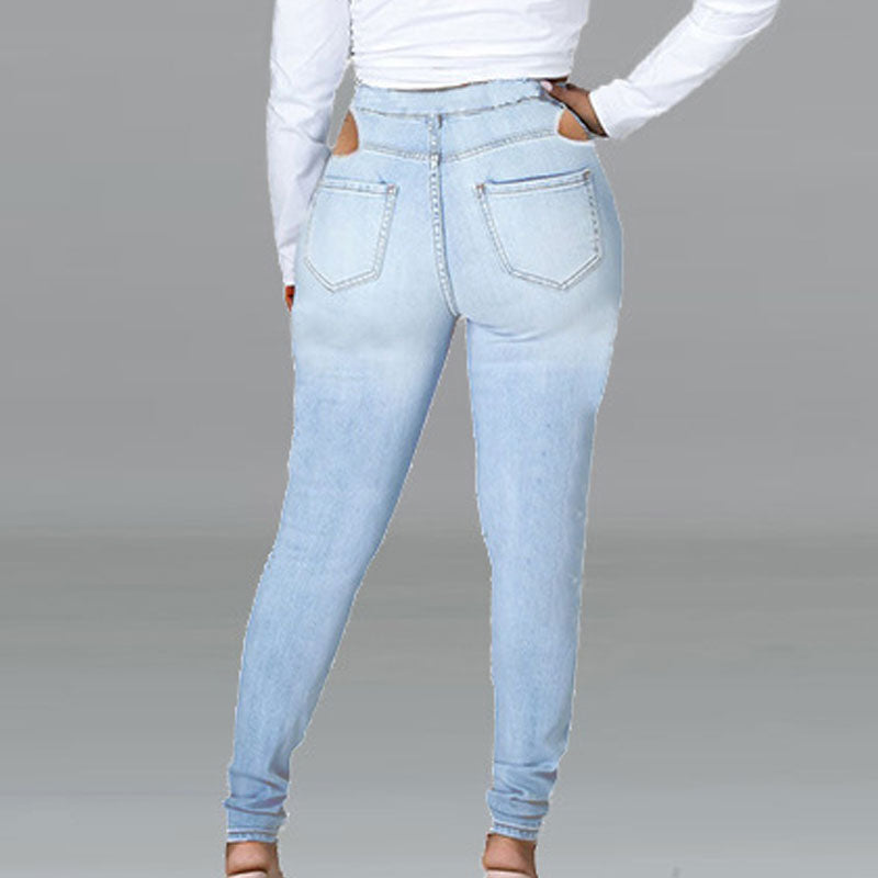Solid High Waist Lace Up Ripped Jeans