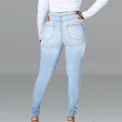 Solid High Waist Lace Up Ripped Jeans