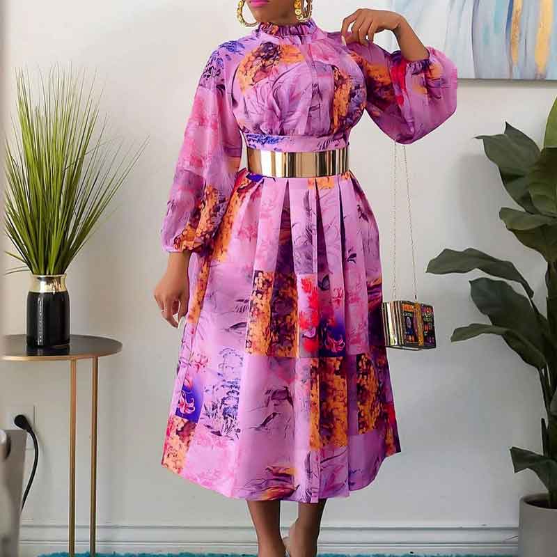 Butterfly Floral Print Long Sleeve Belted Dress