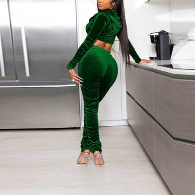 Solid Velvet Long Sleeve Hoodie Top & Ruched Pants Set