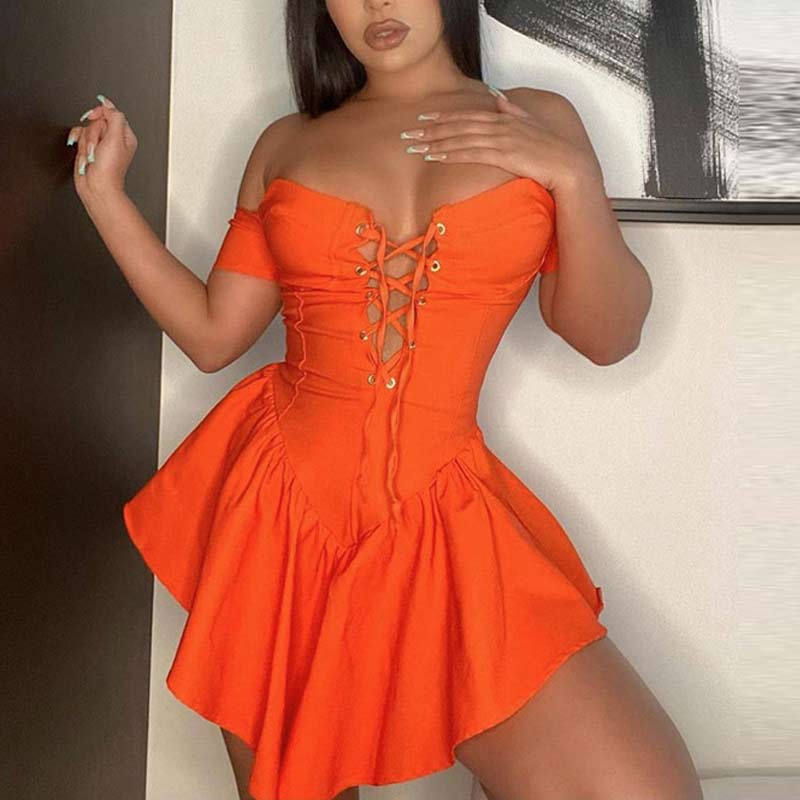 Solid Off Shoulder Lace Up Ruffle Design Mini Dress