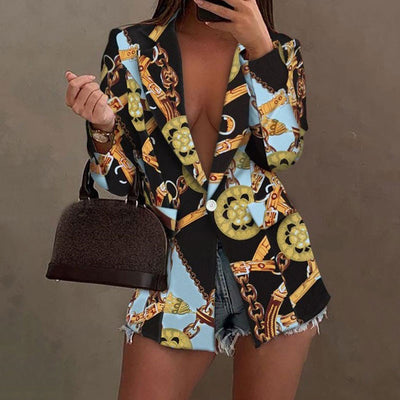 Print Long Sleeve V-Neck Blazer Coat