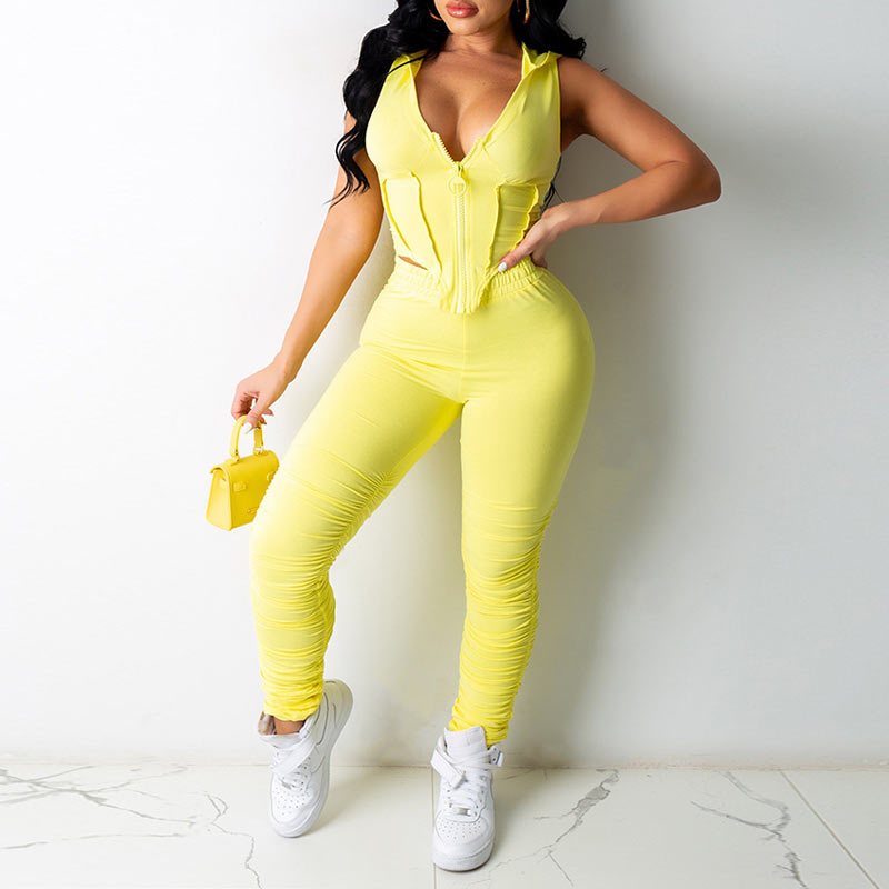 Solid Zipper Design Hooded Two Piece Set