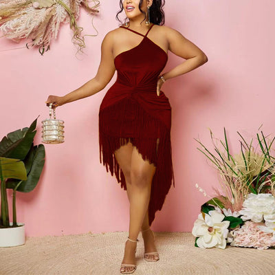 Solid Halter Tassel Design Bodycon Dress