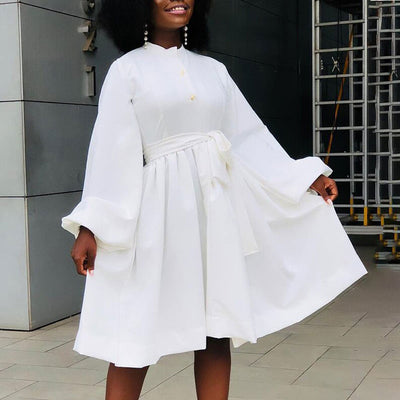 Solid Lantern Sleeve Button Detailed Pleated Dress