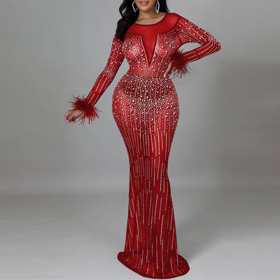 Rhinestone Long Sleeve Feather Design Sheer Mesh Maxi Dress