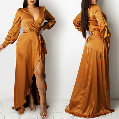 Solid Deep V-Neck Long Sleeve High Slit Floor-Length Dress