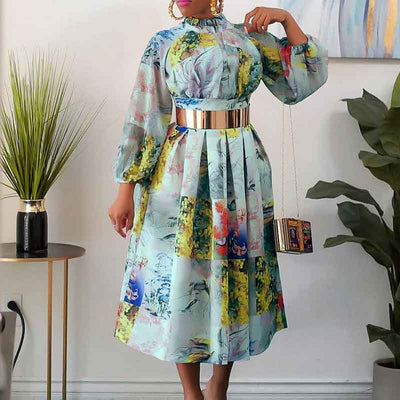 Butterfly Floral Print Long Sleeve Belted Dress