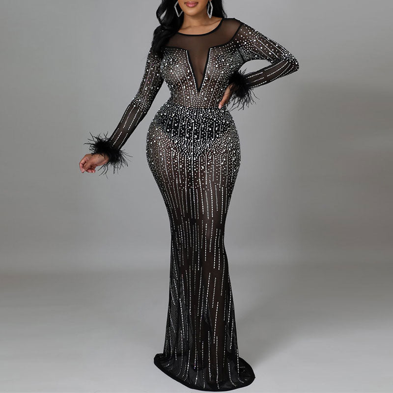 Rhinestone Long Sleeve Feather Design Sheer Mesh Maxi Dress