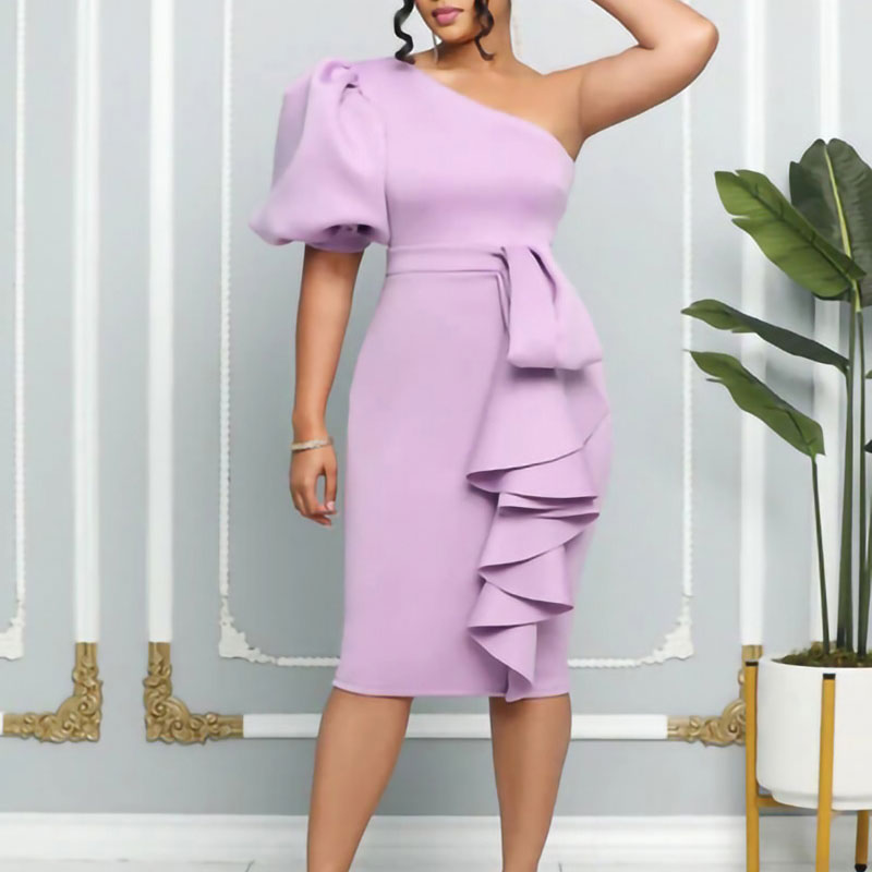 Solid Oblique Shoulder Puff Sleeve Ruffle Design Midi Dress