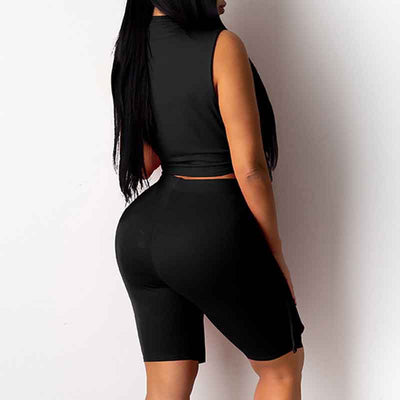 Letter Print Sleeveless Slit Crop Top & Shorts Set