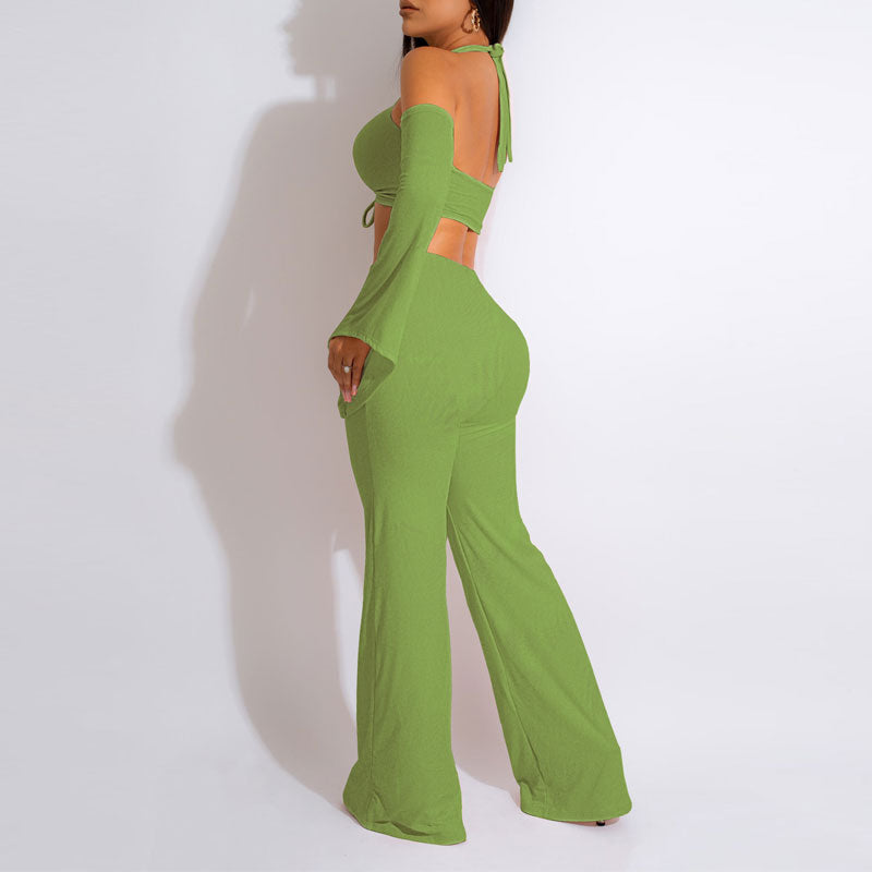 Solid Cold Shoulder Cut Out Crop Top & Wide Leg Pants Set