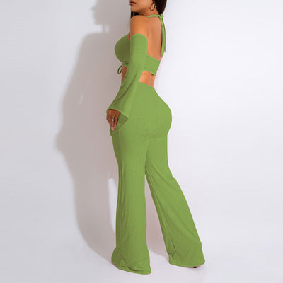 Solid Cold Shoulder Cut Out Crop Top & Wide Leg Pants Set