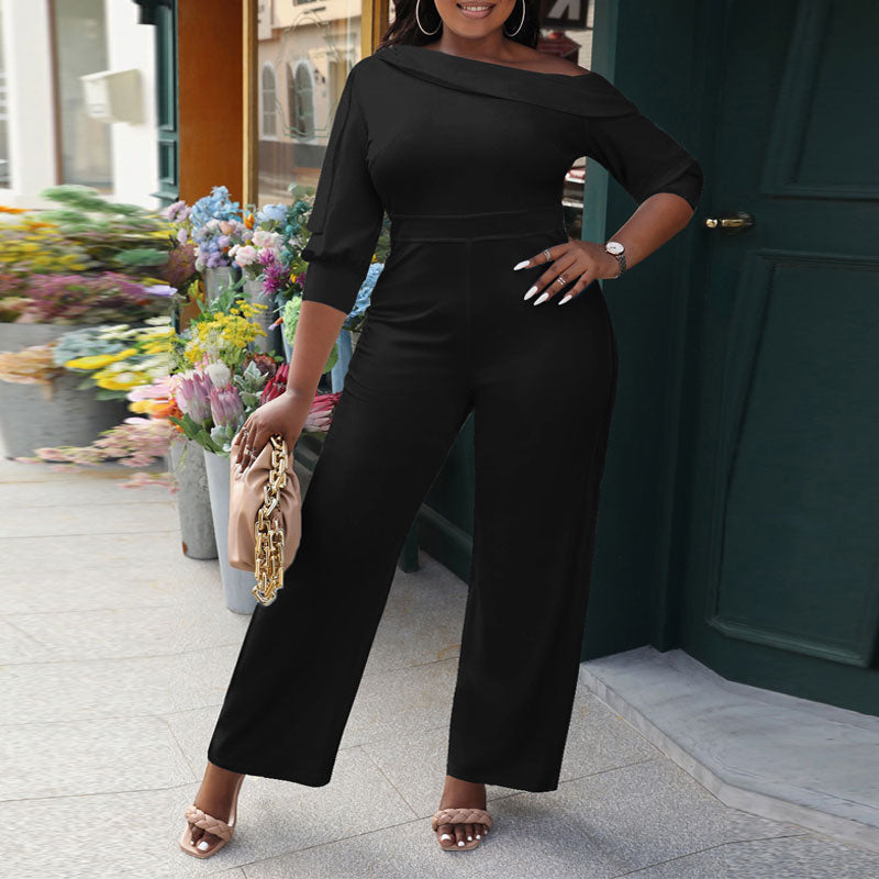 Solid One Shoulder Half Sleeve Straight-Leg Jumpsuit