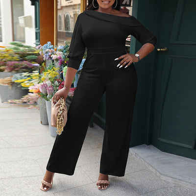 Solid One Shoulder Half Sleeve Straight-Leg Jumpsuit