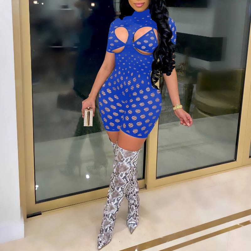 Solid Turtleneck Cut Out Short Sleeve Romper Set