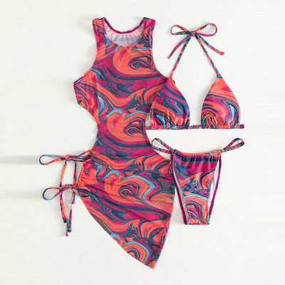 Print Sleeveless 2PCS Bikini Set With Cover Up Dress